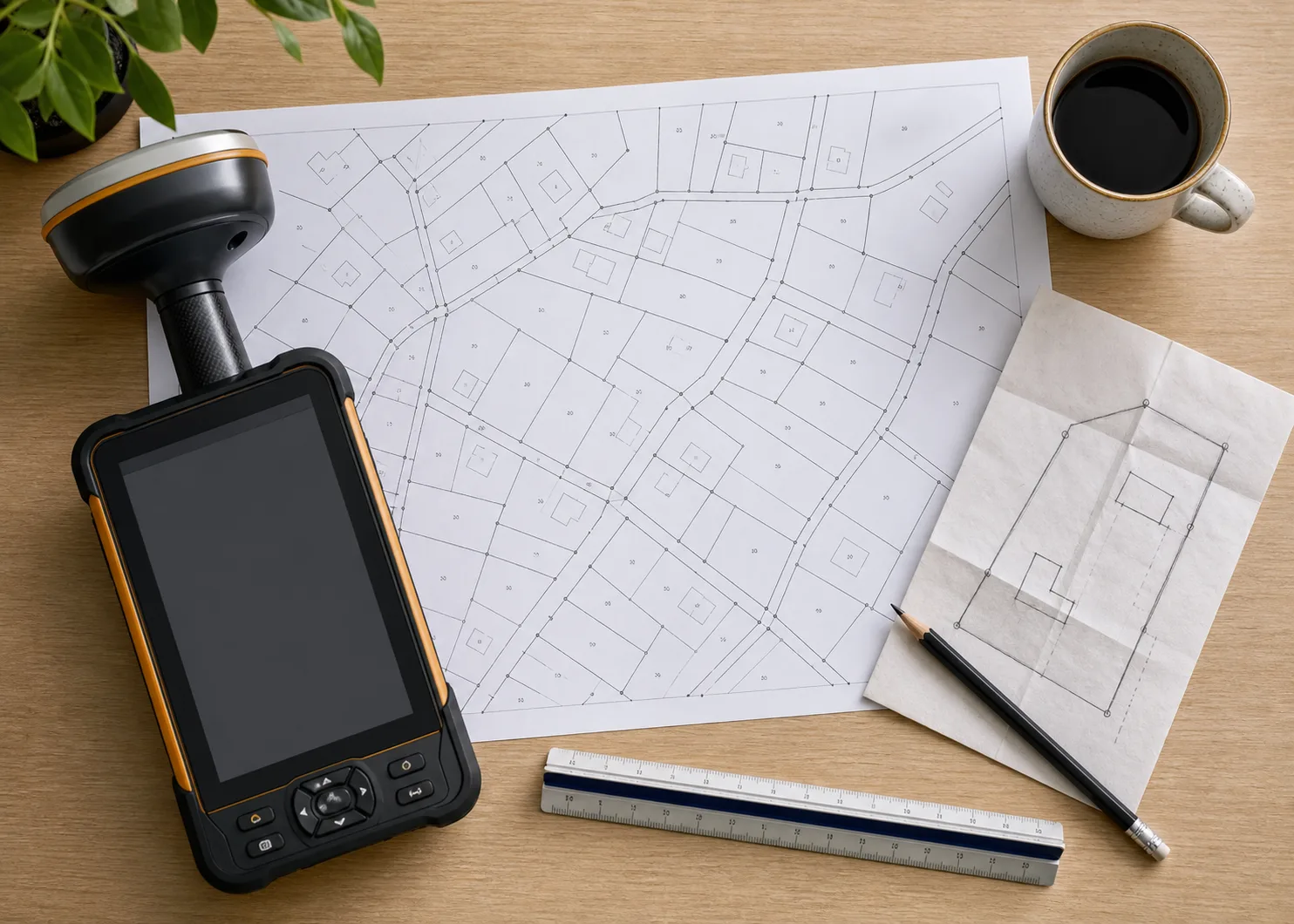 Katastrální mapa, ovladač GNSS a tužka připravené k zaměření pozemku